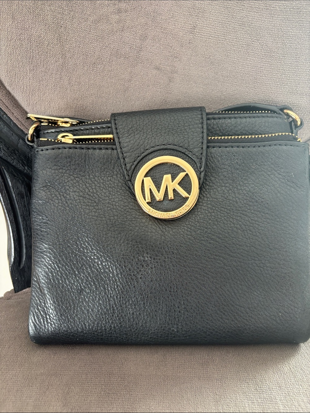 Michael Kors Black Leather Shoulder Bag with Gold MK Emblem